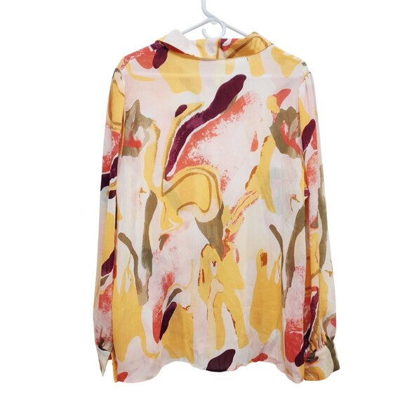 Abstract Yellow Print Womens Button-Up Blouse XXL Long Sleeve Lightweight Top - Picture 6 of 8